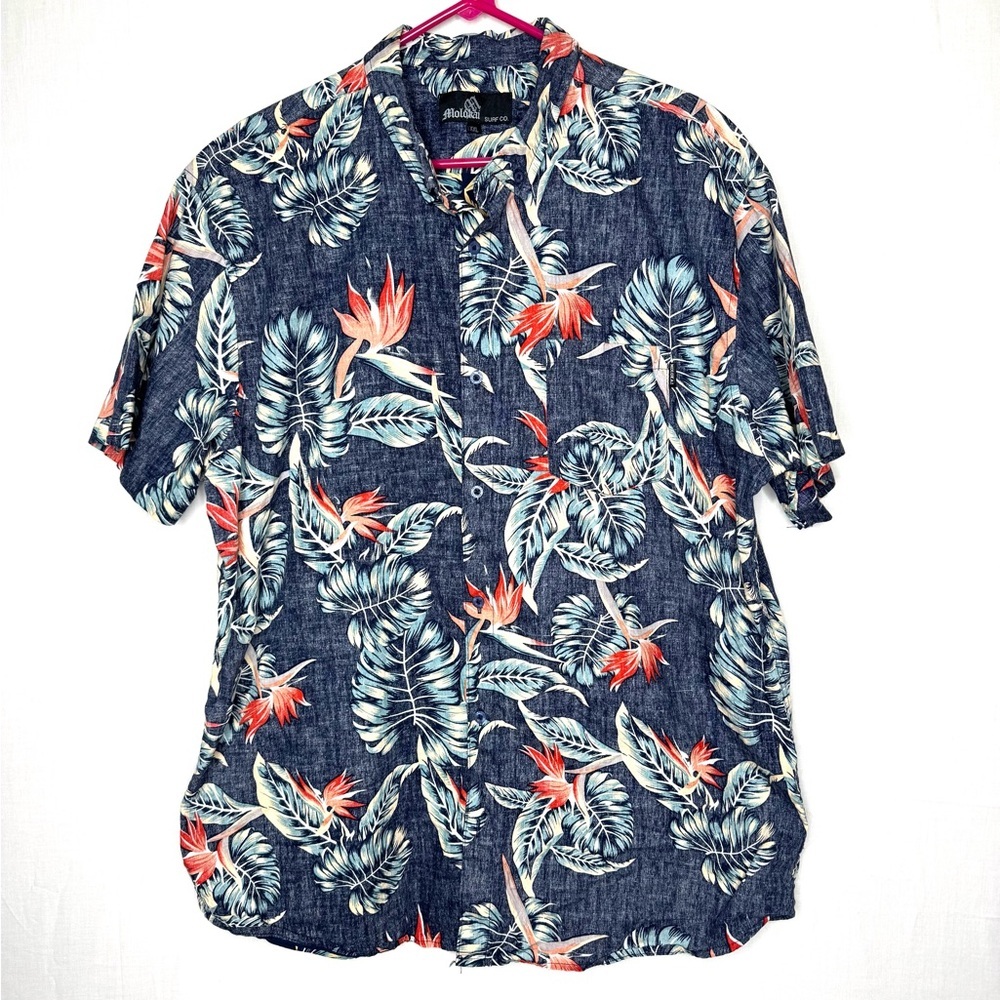 Molokai Surf Co Reverse Print‎ Bird Of Paradise Hawaiian Shirt Short Sleeve Luau